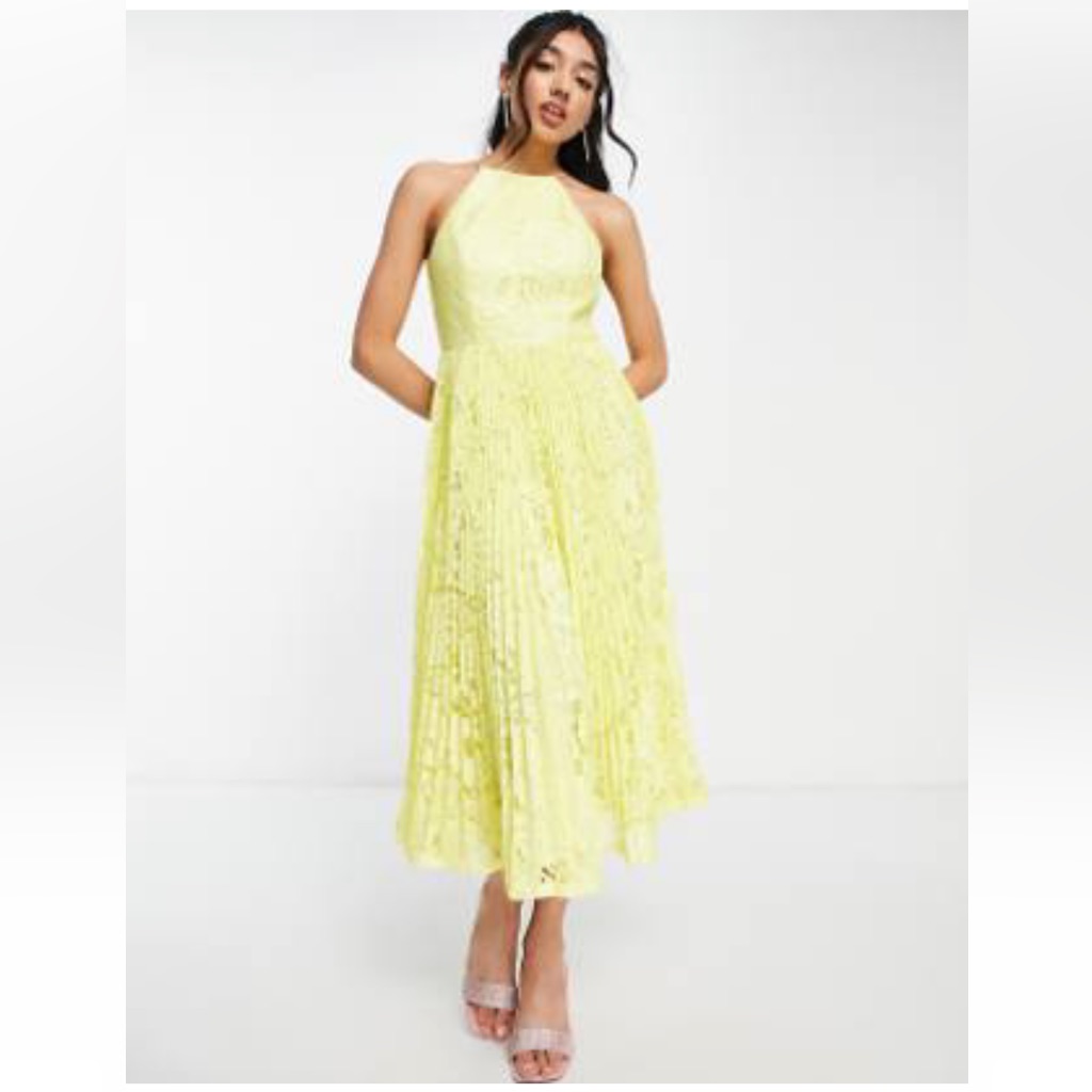 Asos Design Pleated Lace Midi Dress In Yellow